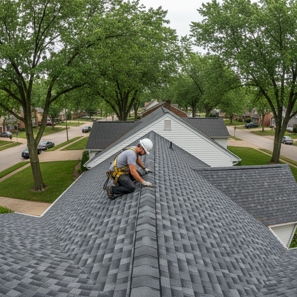 Roofing contractor inspecting a new architectural asphalt shingle roof on a St. Louis area home