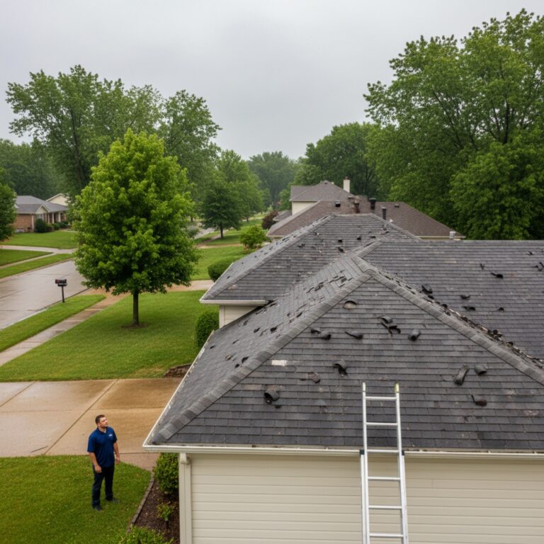 Weathered asphalt shingle roof with hail and wind damage on a St. Louis area home